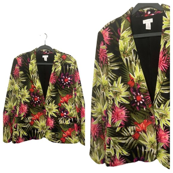 Chico Tropical Palm Floral Print Button Blazer Women's Black Green Pink SZ 3 - Picture 1 of 8